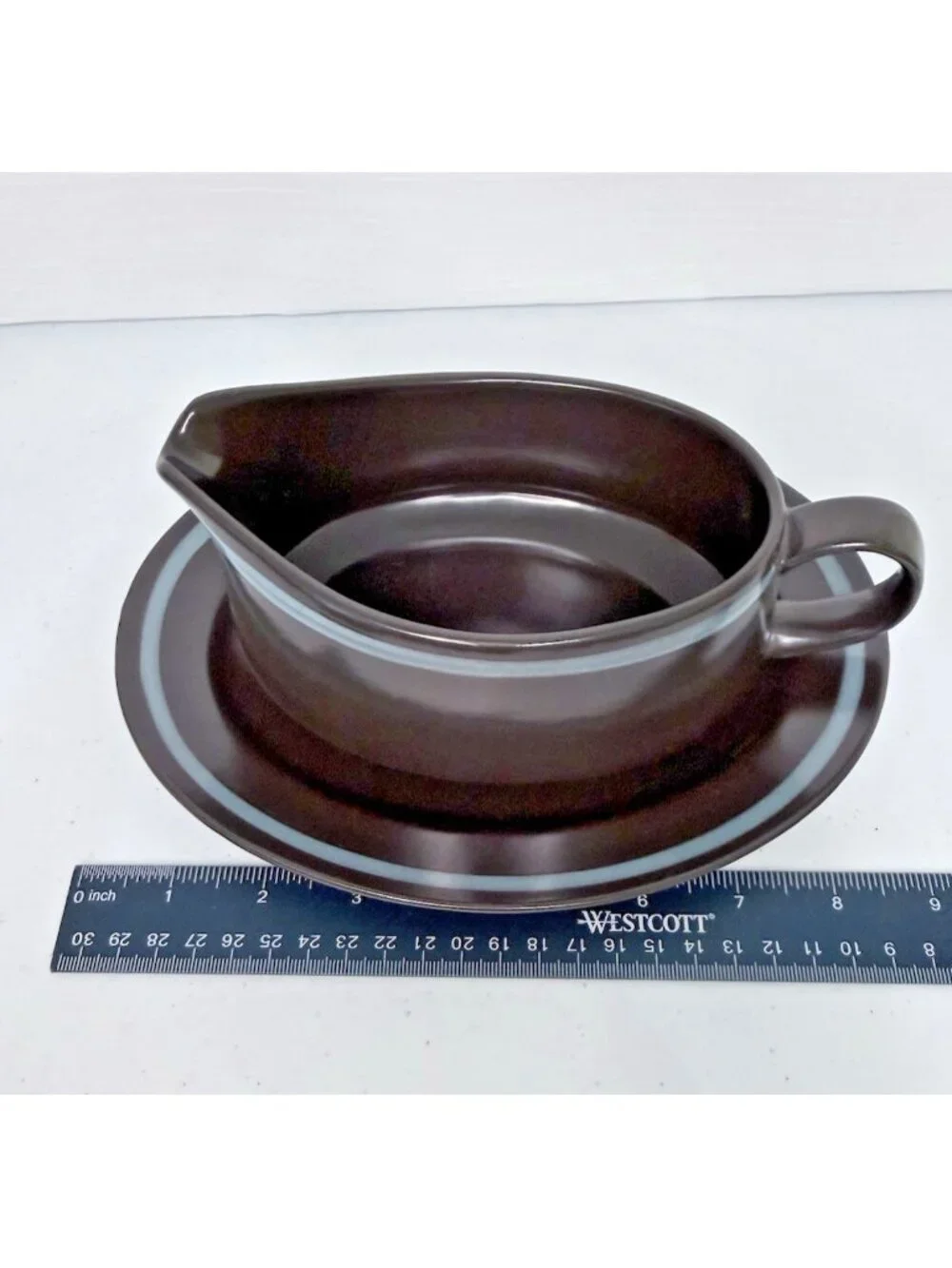 Mikasa Majorca Monza 7504 Gravy Boat with Underplate Brown with Blue Stripe MCM